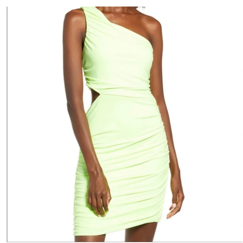 NWT Leith One-Shoulder Cutout Ruched Mini Dress in Lime